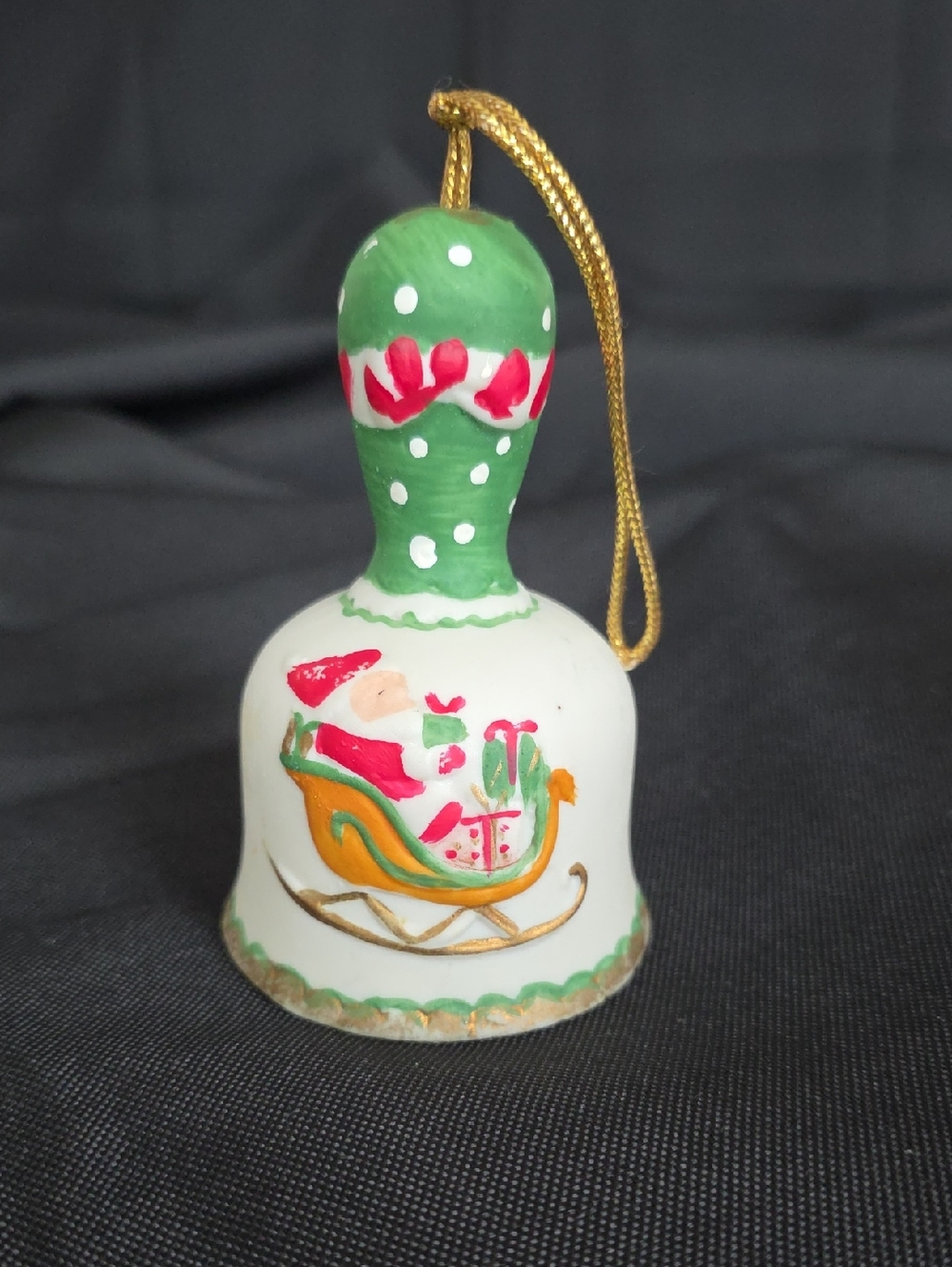 Hand-Painted Ceramic Christmas Bell Ornament - Green & White